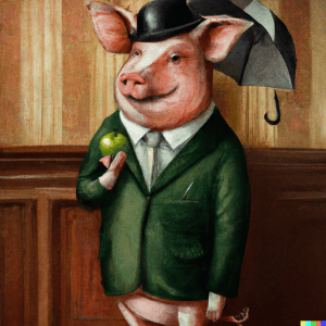 DALL·E 2022-10-16 09.17.20 - Oil portrait of pig in a green pinstriped suit holding an umbrella and balancing an apple on a brown derby hat against an interior wall with wainscoti