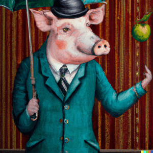 DALL·E 2022-10-16 13.18.50 - Oil portrait of pig in a green pinstriped suit holding an umbrella and balancing an apple on a brown derby hat against an interior wall with wainscoti