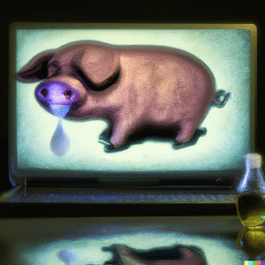 DALL·E 2022-10-16 13.22.01 - Oil portrait of pig dropping glowing chemicals into a computer screen